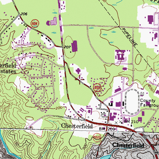Topographic Map of Chesterfield Court House Census Designated Place, VA