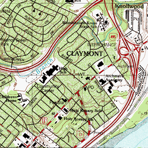 Topographic Map of Claymont Census Designated Place, DE