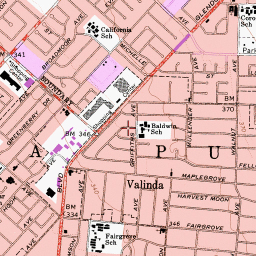 Topographic Map of Baldwin School, CA