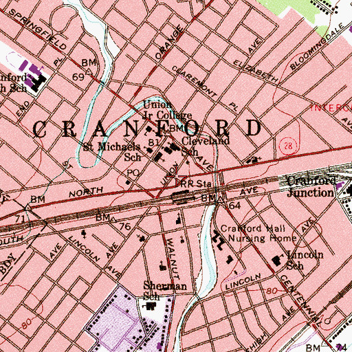Topographic Map of Cranford Census Designated Place, NJ