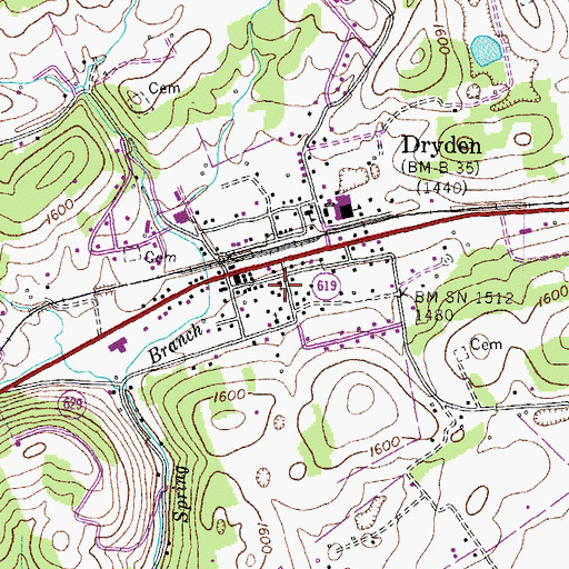 Topographic Map of Dryden Census Designated Place, VA
