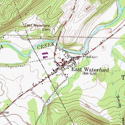 Topographic Map of East Waterford Census Designated Place, PA