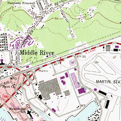 Topographic Map of Middle River Census Designated Place, MD
