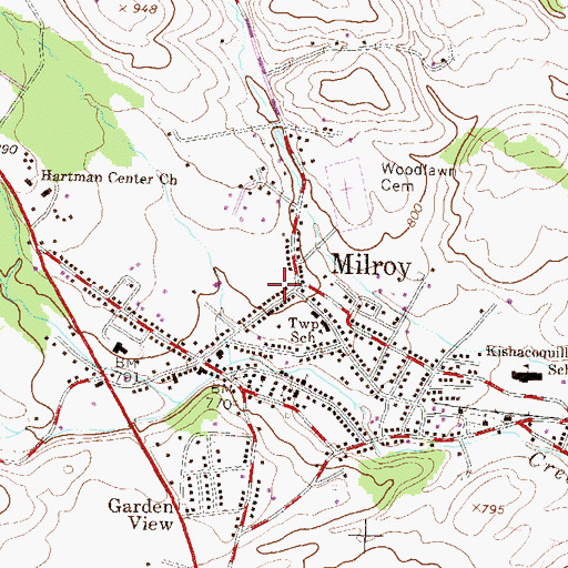 Topographic Map of Milroy Census Designated Place, PA