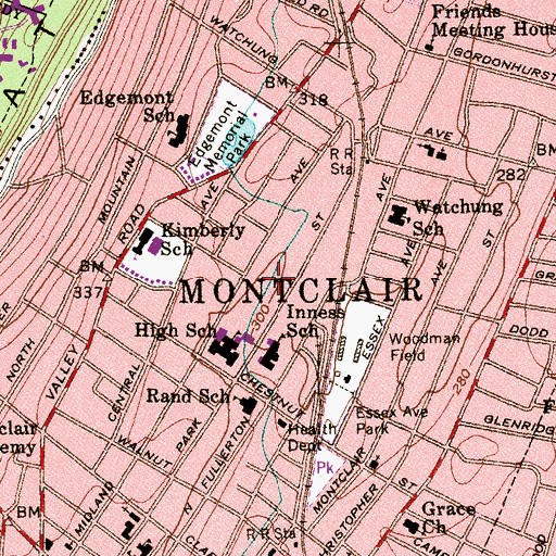 Topographic Map of Montclair Census Designated Place, NJ