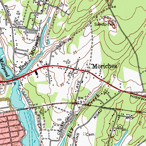 Topographic Map of Moriches Census Designated Place, NY