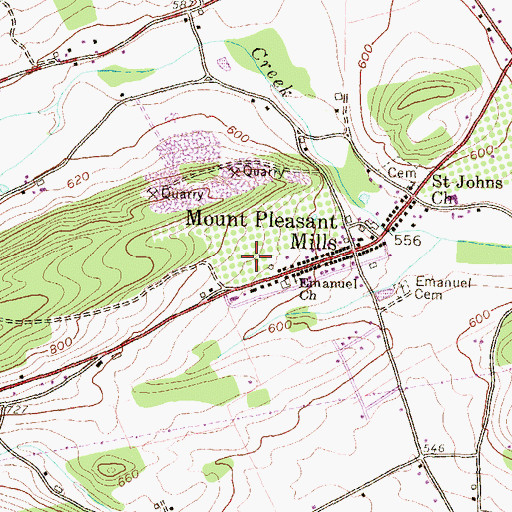 Topographic Map of Mount Pleasant Mills Census Designated Place, PA
