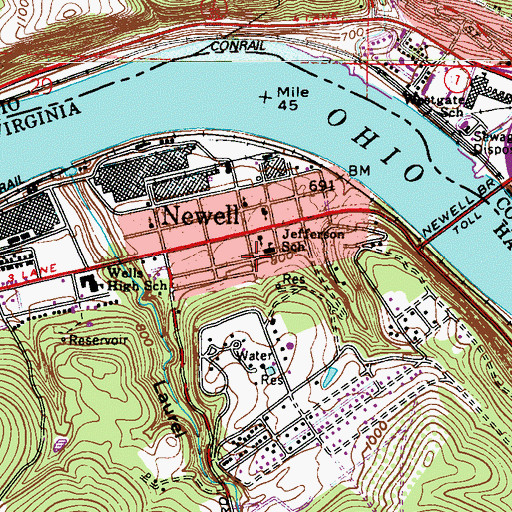 Topographic Map of Newell Census Designated Place, WV