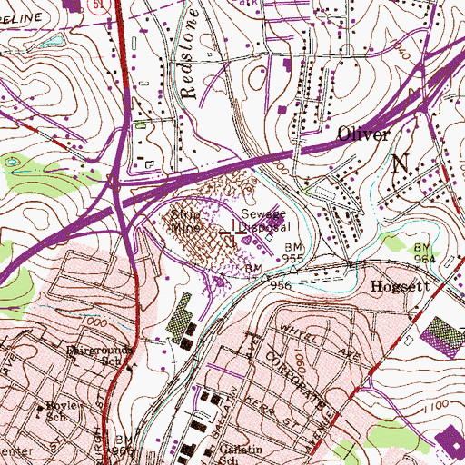 Topographic Map of Oliver Census Designated Place, PA