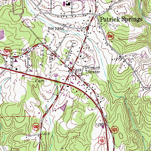 Topographic Map of Patrick Springs Census Designated Place, VA