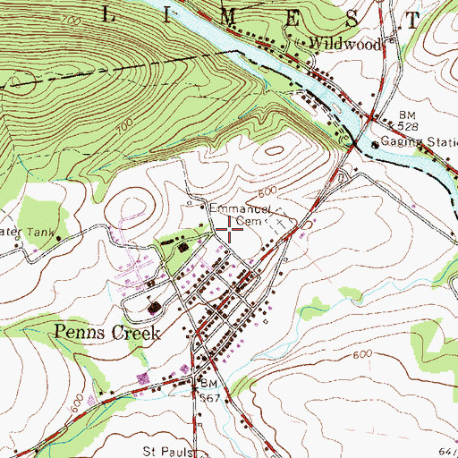 Topographic Map of Penns Creek Census Designated Place, PA