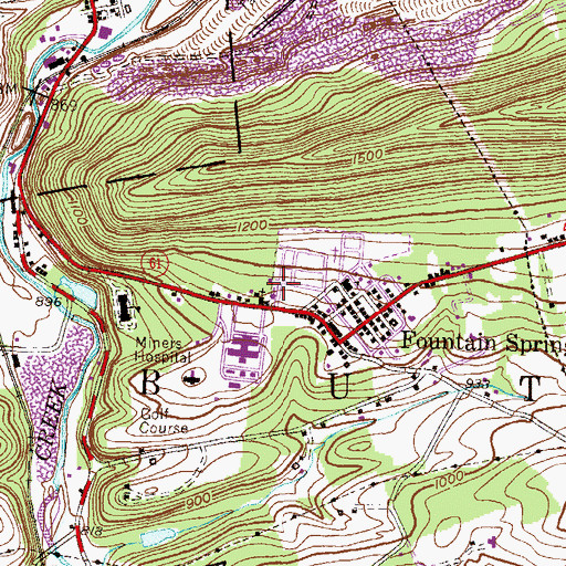 Topographic Map of Fountain Springs Census Designated Place, PA