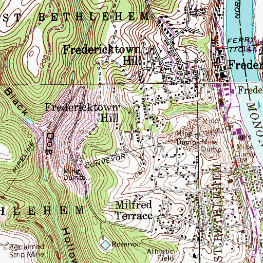 Topographic Map of Fredericktown-Millsboro Census Designated Place (historical), PA