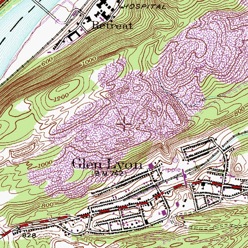 Topographic Map of Glen Lyon Census Designated Place, PA