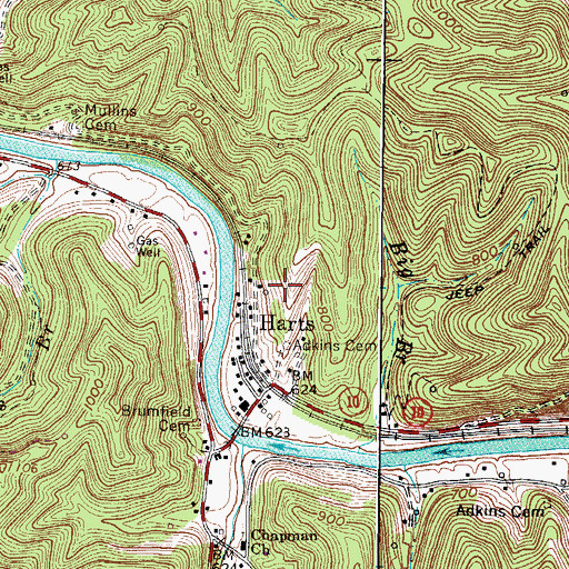 Topographic Map of Harts Census Designated Place, WV