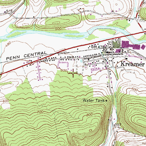 Topographic Map of Kreamer Census Designated Place, PA