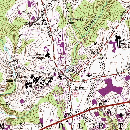 Topographic Map of Lima Census Designated Place, PA