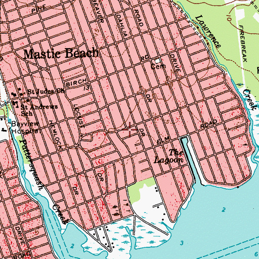 Topographic Map of Mastic Beach Census Designated Place, NY