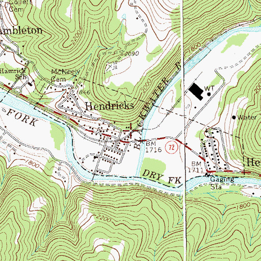 Topographic Map of Town of Hendricks, WV