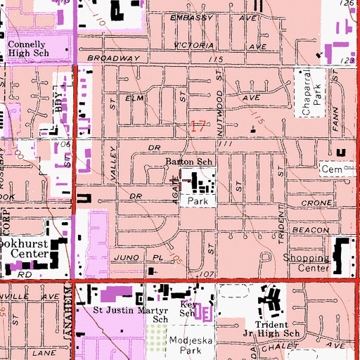 Topographic Map of Clara Barton Elementary School, CA