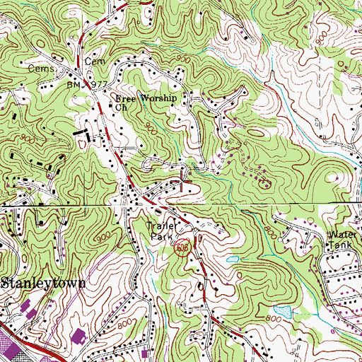 Topographic Map of Stanleytown Census Designated Place, VA