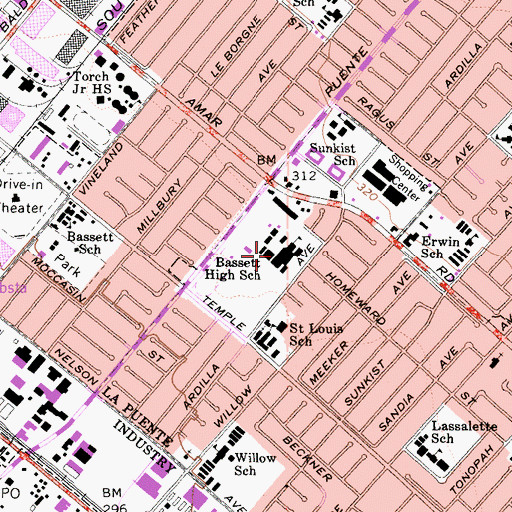 Topographic Map of Bassett Senior High School, CA