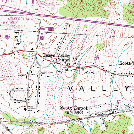 Topographic Map of Teays Valley Census Designated Place, WV
