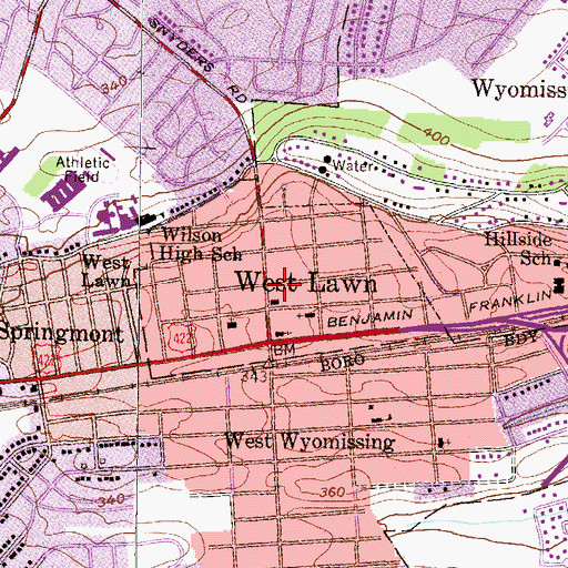 Topographic Map of West Lawn Census Designated Place, PA
