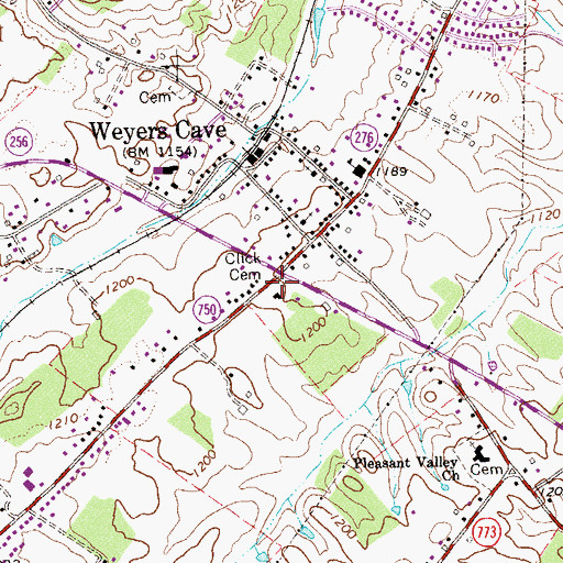 Topographic Map of Weyers Cave Census Designated Place, VA