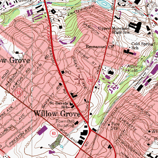 Topographic Map of Willow Grove Census Designated Place, PA