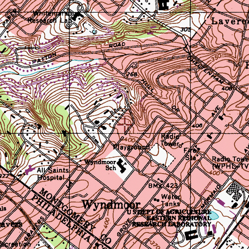 Topographic Map of Wyndmoor Census Designated Place, PA