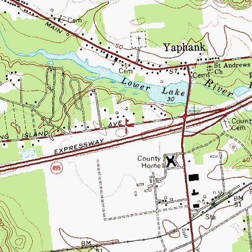 Topographic Map of Yaphank Census Designated Place, NY