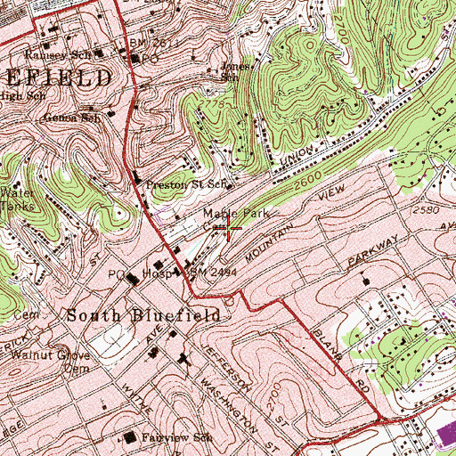 Topographic Map of City of Bluefield, WV