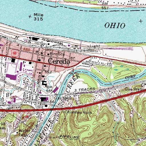 Topographic Map of City of Ceredo, WV