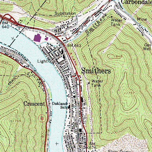 Topographic Map of City of Smithers, WV