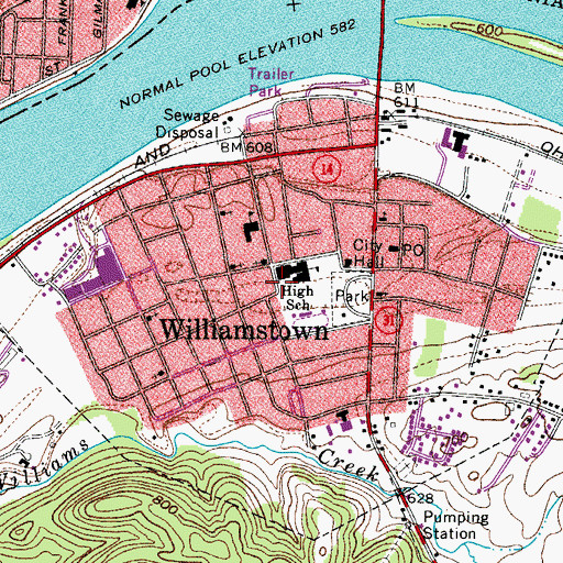 Topographic Map of City of Williamstown, WV
