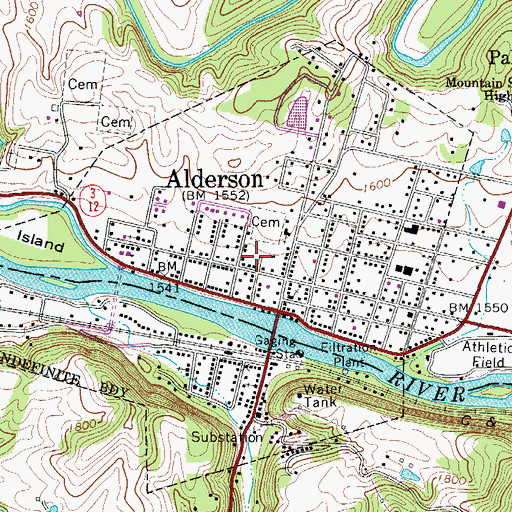 Topographic Map of Town of Alderson, WV
