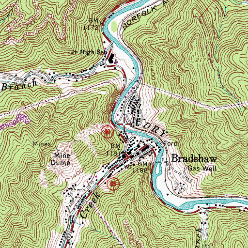 Topographic Map of Town of Bradshaw, WV
