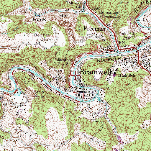Topographic Map of Town of Bramwell, WV