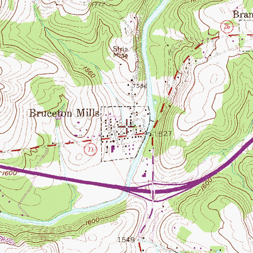 Topographic Map of Town of Bruceton Mills, WV