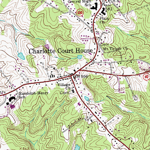 Topographic Map of Town of Charlotte Court House, VA