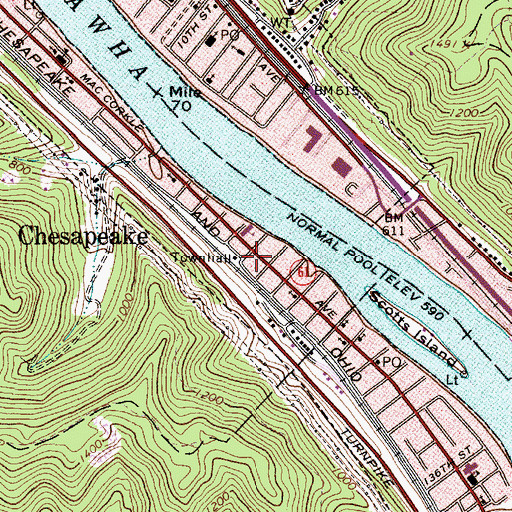 Topographic Map of Town of Chesapeake, WV