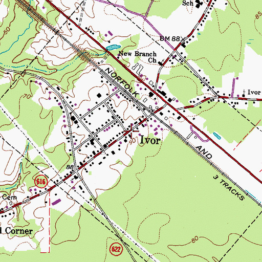 Topographic Map of Town of Ivor, VA