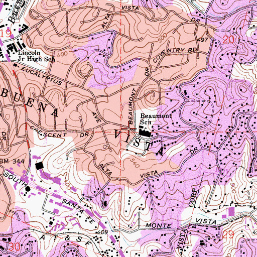 Topographic Map of Beaumont Elementary School, CA