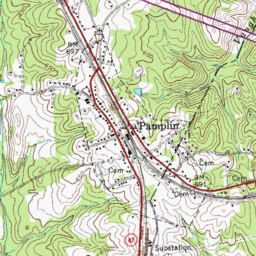Topographic Map of Town of Pamplin City, VA