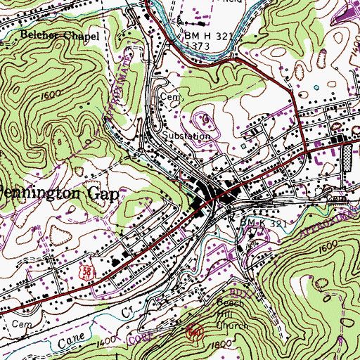 Topographic Map of Town of Pennington Gap, VA