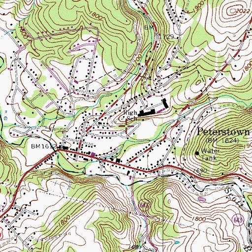 Topographic Map of Town of Peterstown, WV