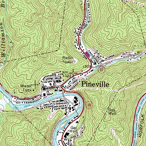 Topographic Map of Town of Pineville, WV