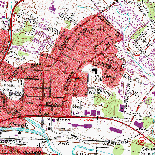 Topographic Map of Town of Pulaski, VA