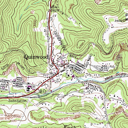 Topographic Map of Town of Quinwood, WV